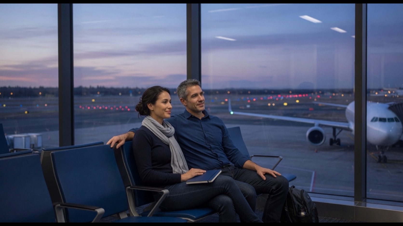 A couple sitting calmly in airport seating at dusk, looking out at a parked aircraft through the terminal window