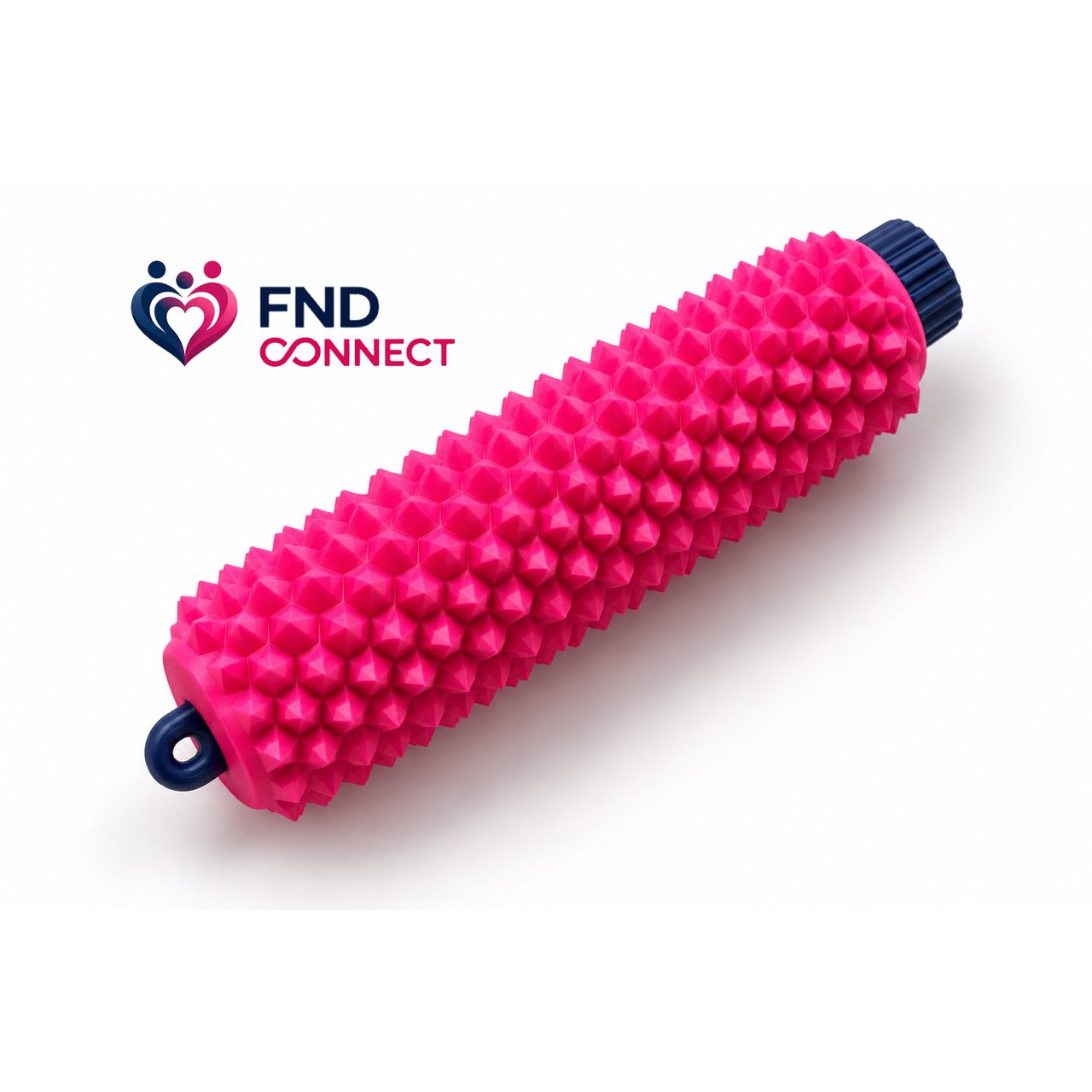 The FND Connect Ouchie: a pink handheld sensory tool with a densely spiked surface, a navy twistable end and a navy carry loop