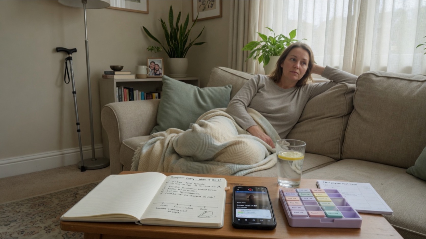 A person resting safely at home with a symptom diary, phone for recording, blanket and water in a calm domestic setting after FND symptoms