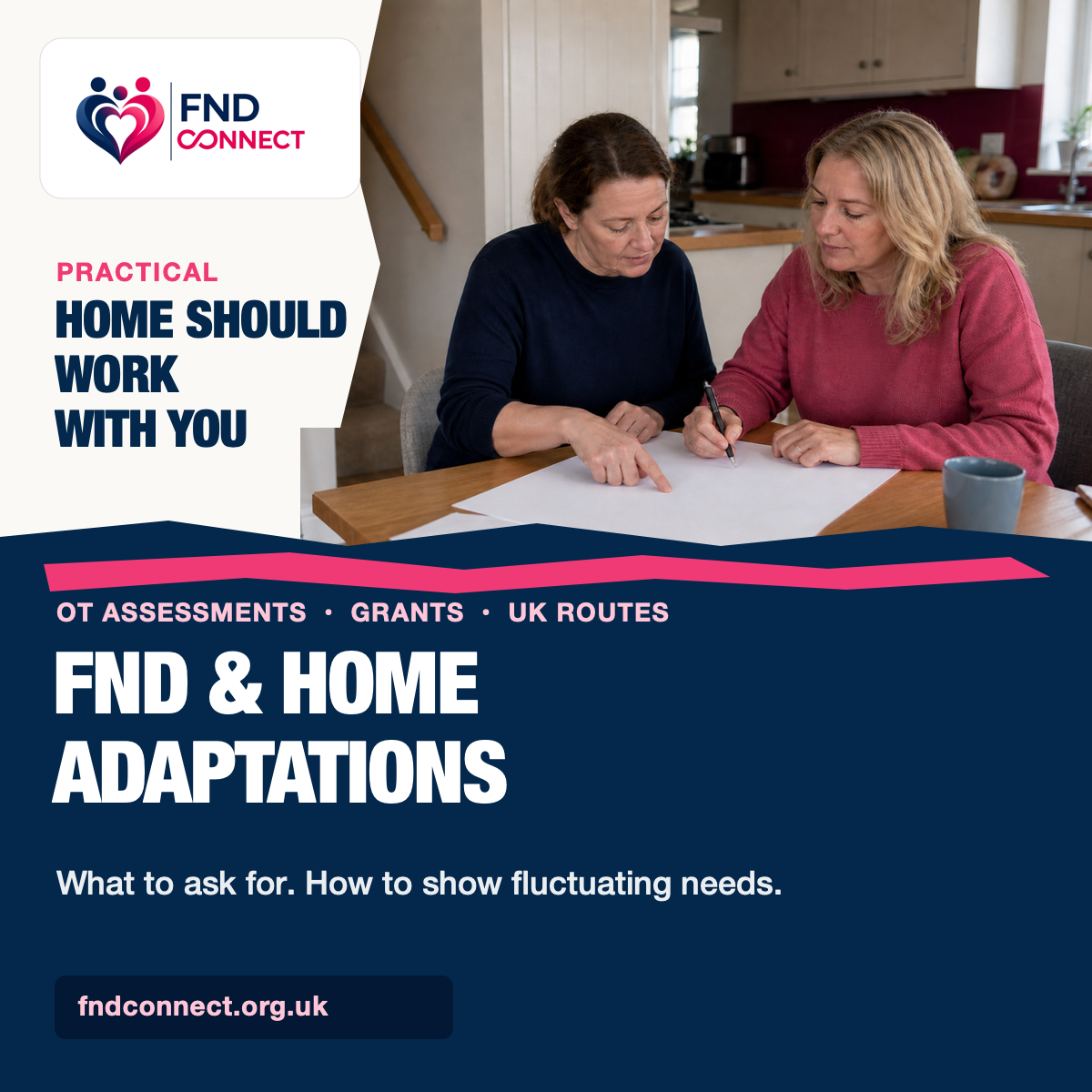 FND Connect graphic reading FND and Home Adaptations, with two adults discussing access needs in a home