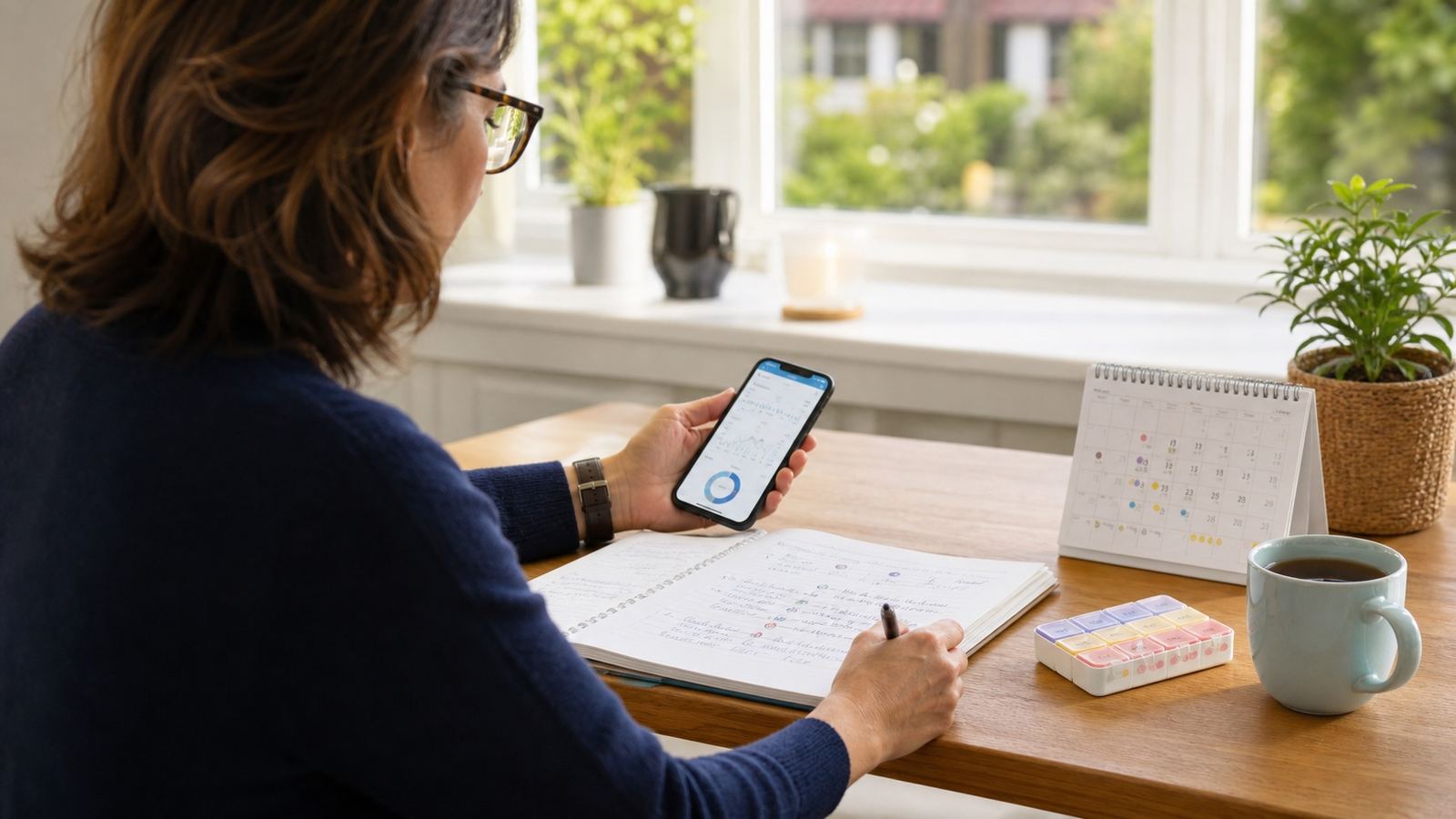 A person reviewing a seizure tracking app beside a symptom notebook, medicine organiser and period calendar