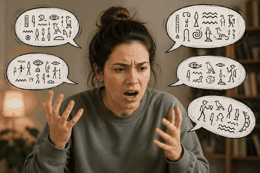 A person sitting at home during an FND episode, holding their throat and struggling to speak