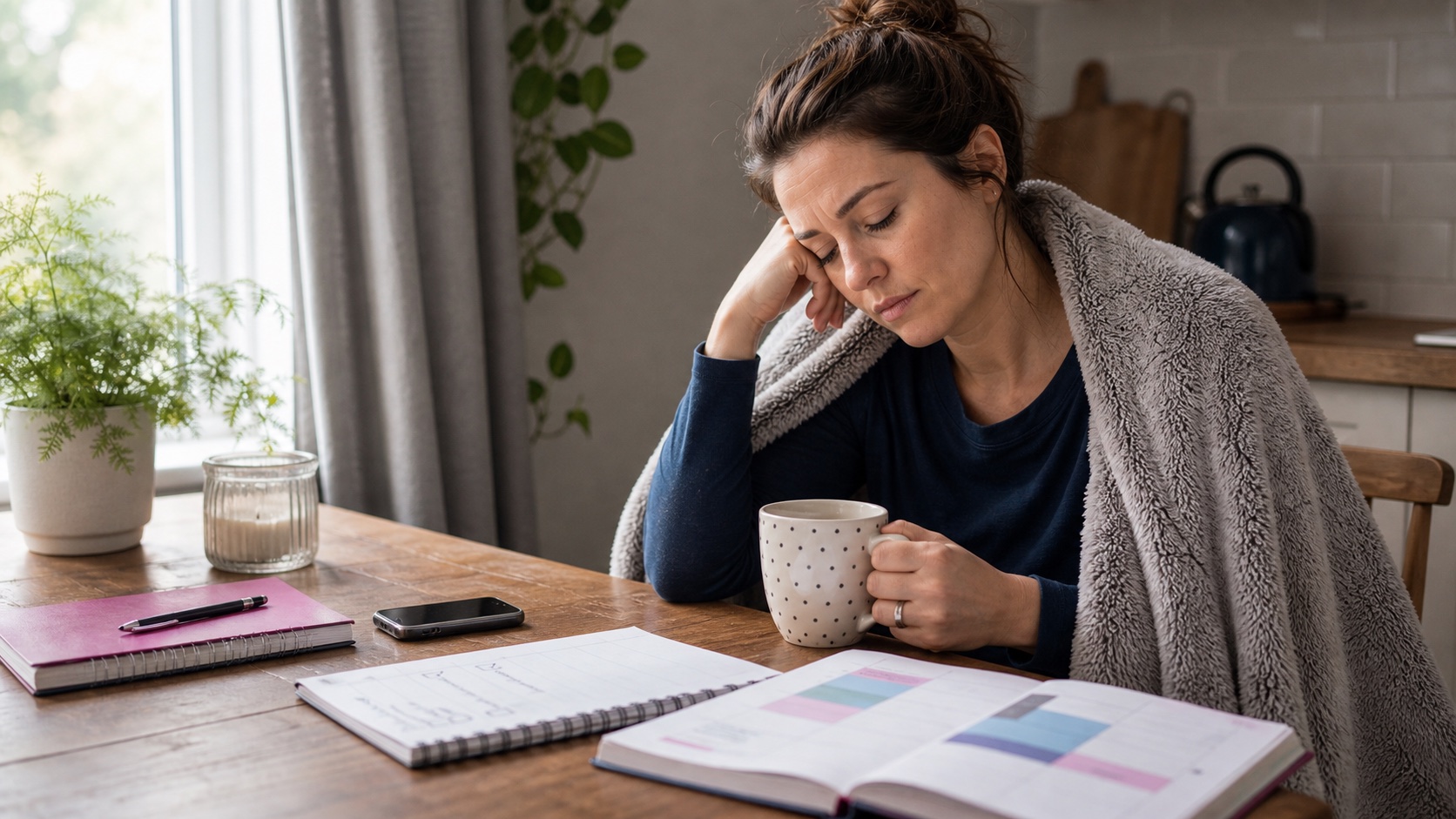 A person resting at a kitchen table with a blanket, tea, planner and recovery notes after a busy day
