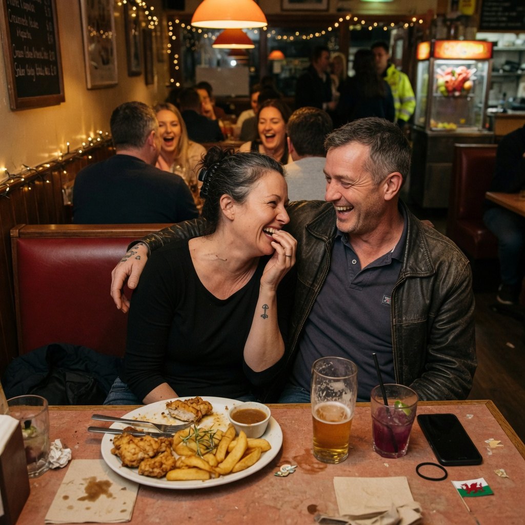 A couple laughing together in a busy casual restaurant booth