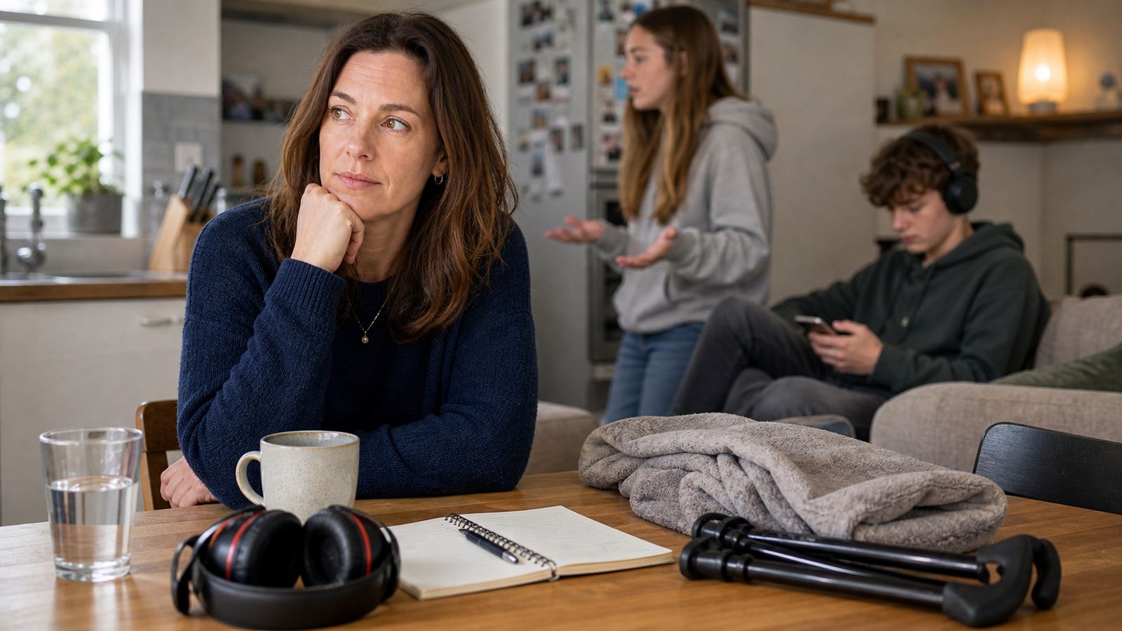 A parent sitting at a kitchen table with headphones, notebook, blanket and walking stick nearby while two teenagers are in the background