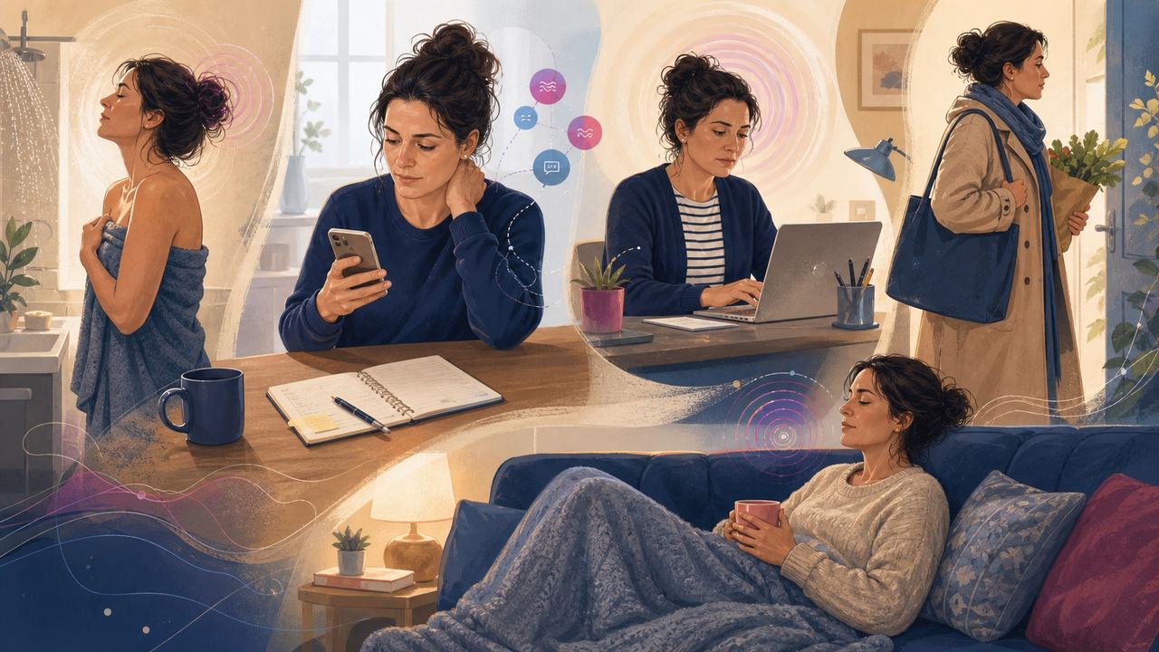Illustration of one person moving through a day with FND symptoms and rest