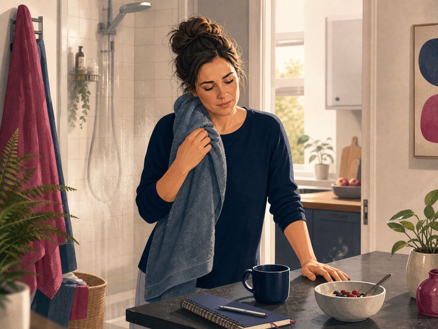 Illustration of a person pausing after showering during a morning routine