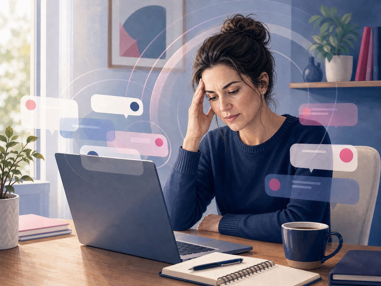 Illustration of a person facing laptop and message overload