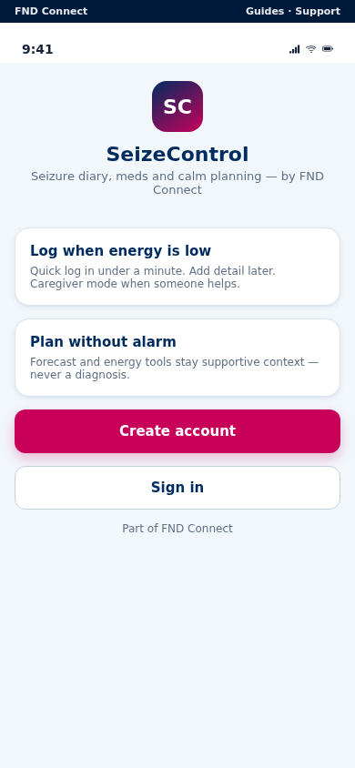 SeizeControl mobile app showing a calm daily FND overview