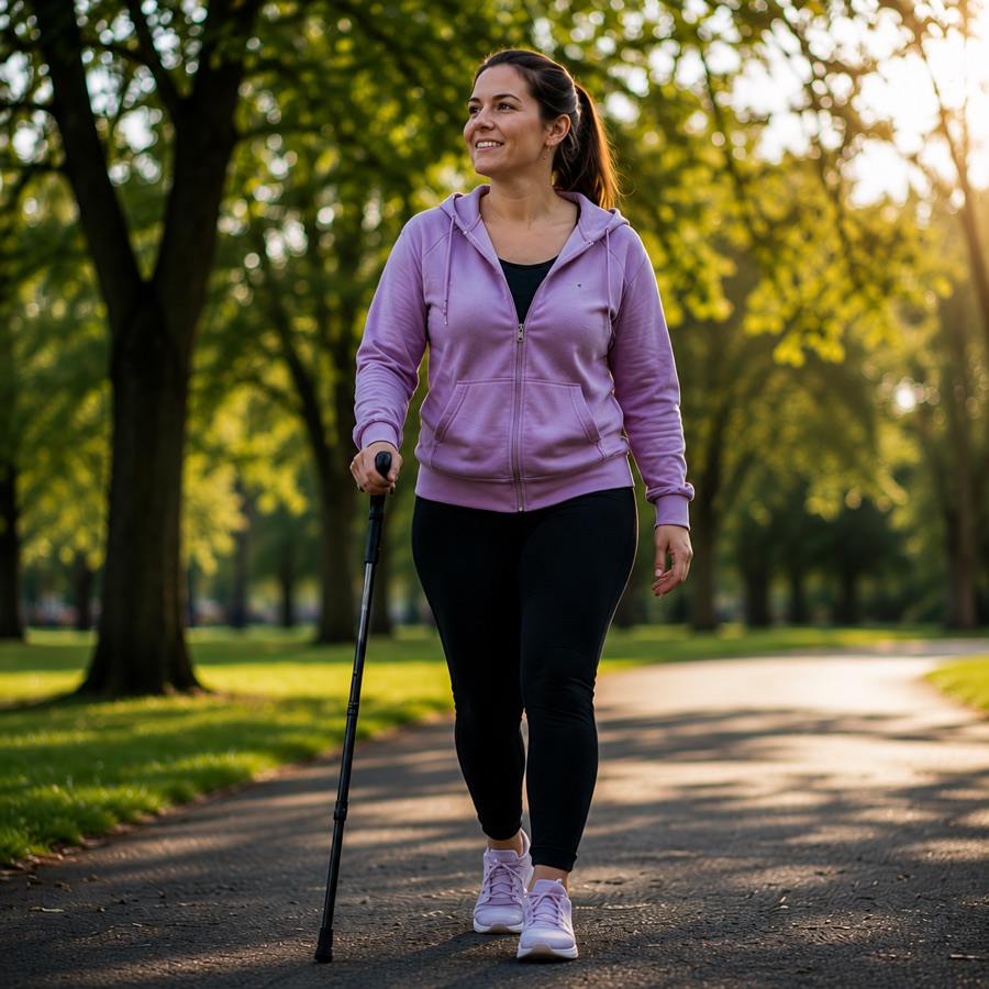 Woman enjoying an outdoor walk with a walking aid