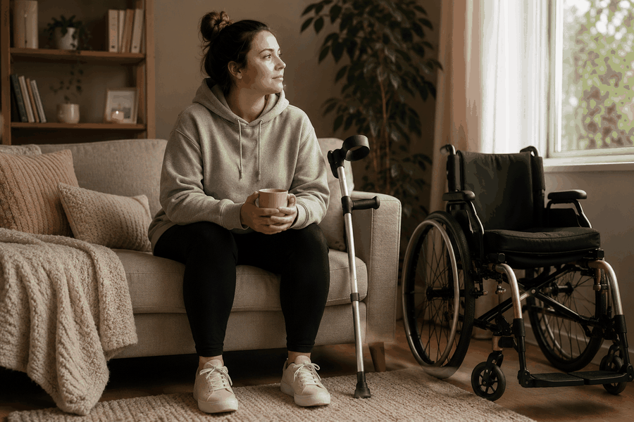 Woman living with FND using mobility aids — example of practical support FND Connect may help fund