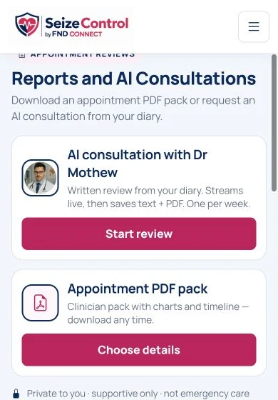 Real mobile Reports and AI Consultations page with separate AI consultation and Appointment PDF pack options