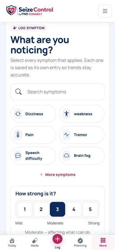 Actual SeizeControl mobile symptom screen with symptom selection and intensity controls