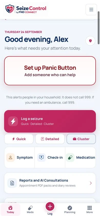 Actual SeizeControl Today screen with quick logging, medication and Reports and AI Consultations